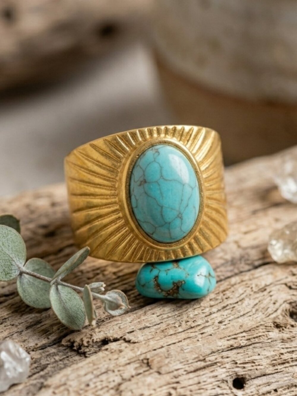 Boho Desert 14K Gold Plated Turquoise Sunburst Wide Band Adjustable Ring